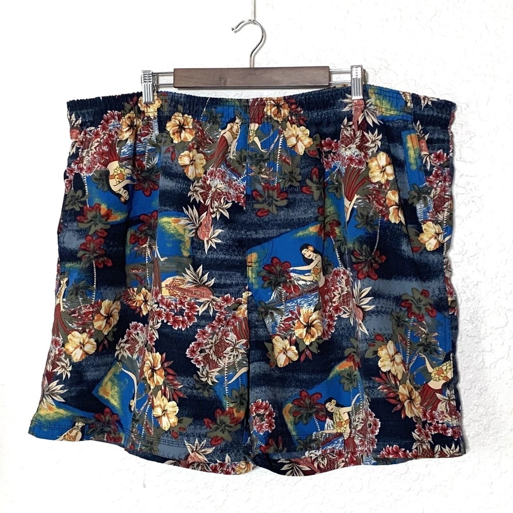 Big & Tall Mens 3XL 48-50 Hula Dancer Colorful Swim Trunks Lined Faded Glory Y2K